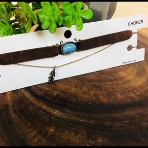 Brown Choker Blue Stone Feather Necklace